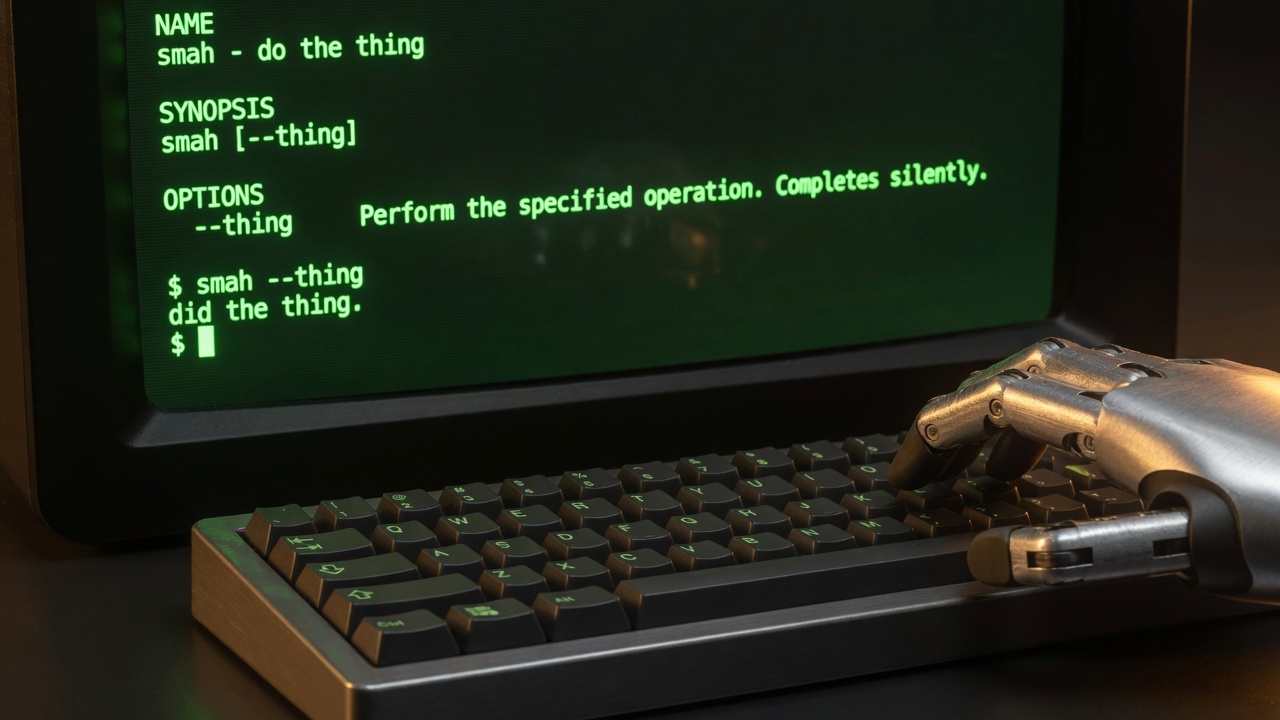 A brushed-steel robot hand types on a compact keyboard while a green CRT shows the smah man page and the line did the thing. followed by a blinking prompt.