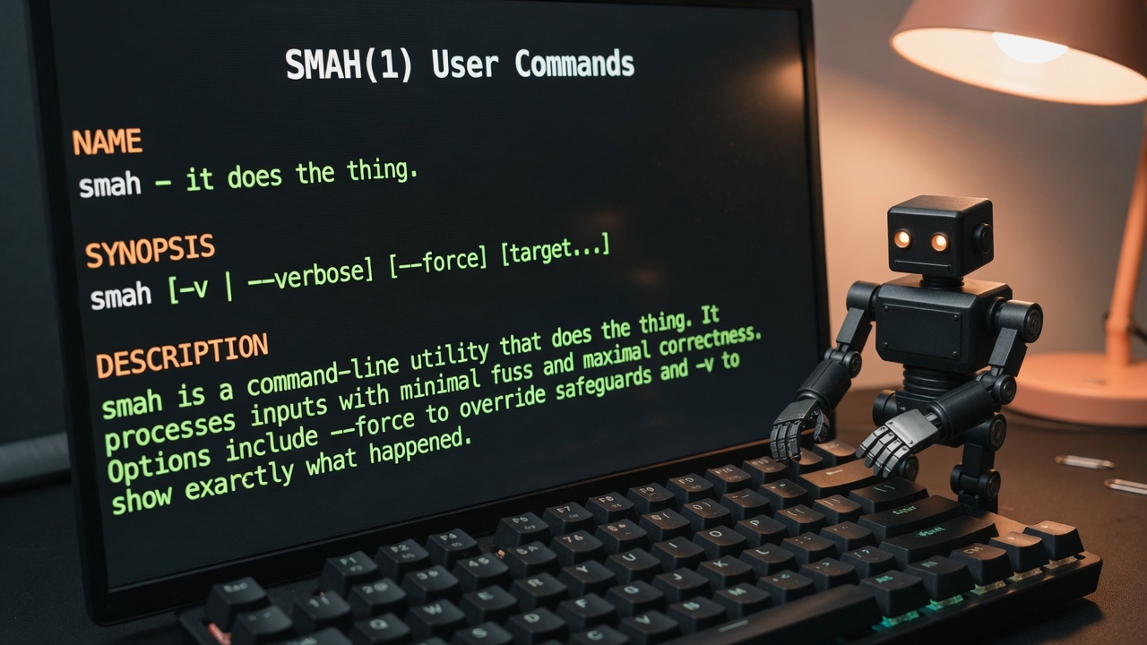 A small matte-black robot with glowing amber eyes stands on a mechanical keyboard beside a laptop displaying the SMAH(1) man page: NAME smah — it does the thing, plus SYNOPSIS and DESCRIPTION in phosphor green.