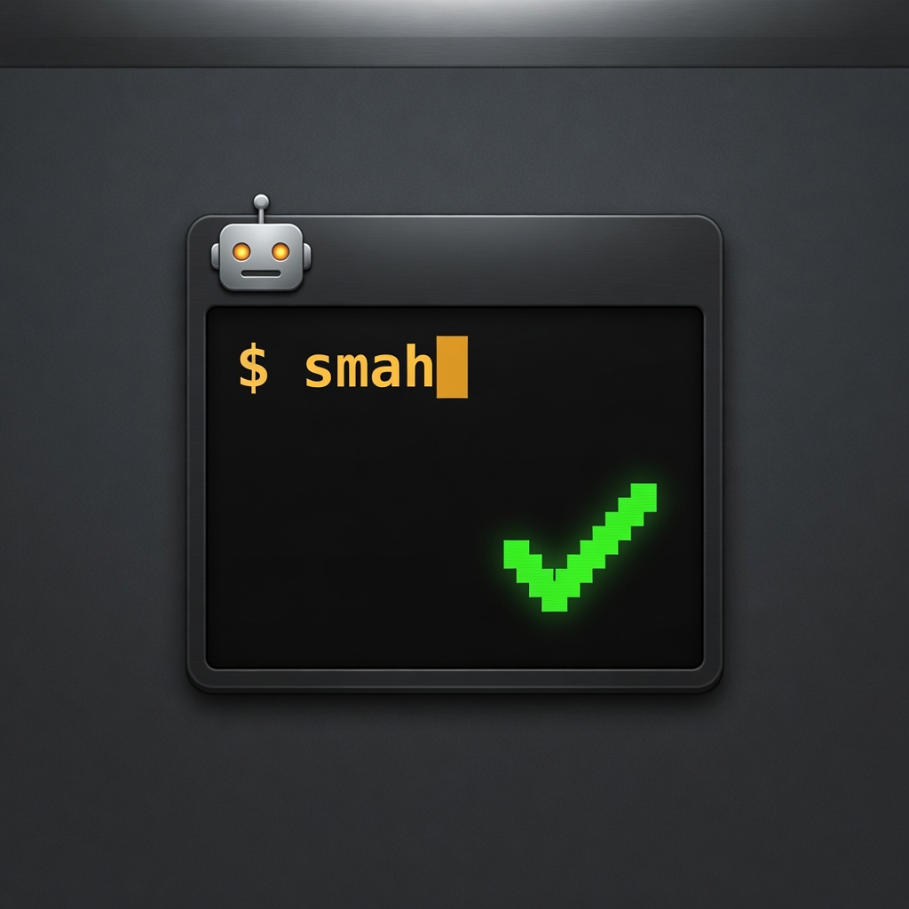 Square mark of a dark terminal window with a tiny robot head, amber prompt $ smah, and a phosphor-green pixel checkmark.